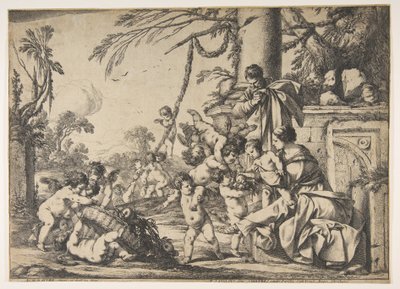 Jungfrun och Kristusbarnet tjänat av änglar, 1640. av Laurent de la Hyre