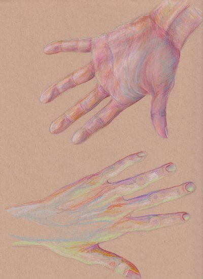 Hands #2, 2025 (färgpenna på tonat papper) av Laurie Michaels