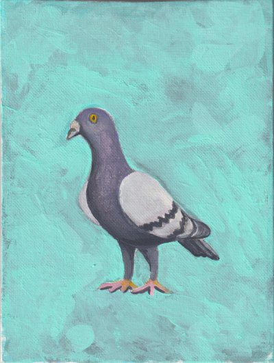 Pigeon ca 2023 (akryl på duk) av Laurie Michaels