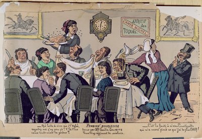 Medelklassens pensionat, karikatyr, 1881 (färggravyr) av Lavrate