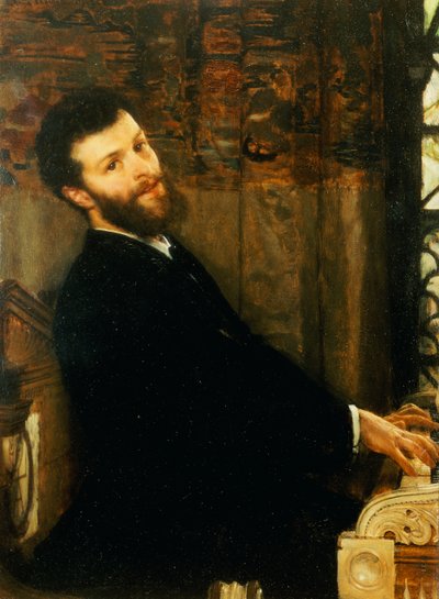 Porträtt av sångaren George Henschel som spelar Alma-Tademas piano, Townshend House, 1879 av Lawrence Alma Tadema