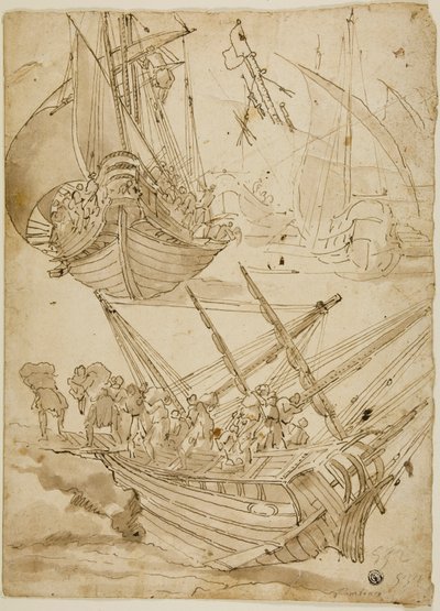 Crew Abandoning Ship (recto) Skisser av korintiska kolumner (verso) av Lazzaro Tavarone