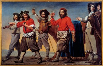 Procession av fet nötkött säger också vinfestivalen. Målning av Mästaren Du Cortege Du Belier av Le Nain Brothers