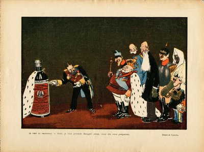 Illustration av Leal de Camara (1877-1948) i Le Rire, 25/12/09 - Belgien, Europa, Portugal, Österrike, Alkoholalkoholism, Protokoll - William II, Leopold II, Edward VII, Alfonso XIII, Francois-Joseph 1er d 