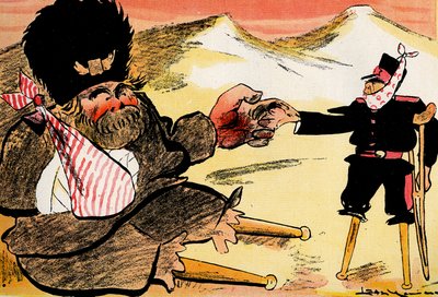 Framtidsalliansen - "Vi borde ha börjat så här!" – Ryska och Japan skakar hand. 1904 (litho) av Leal de Camara