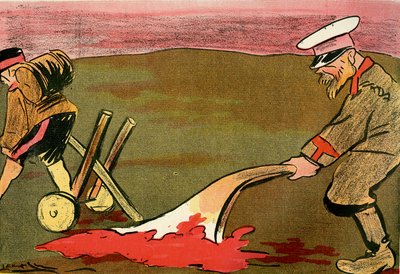 The Plough of Civilization - Ryska soldater plöjer de blodiga slagfälten. 1904 (litho) av Leal de Camara