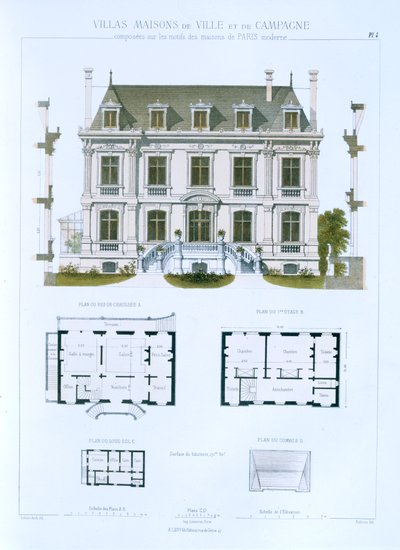 Ritning från "Town and Country Houses Based on the Modern Houses of Paris", ca 1864. av Leblanc