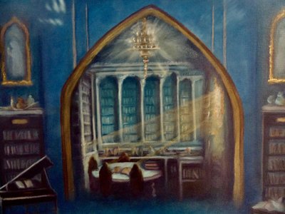 Detalj av Enchanted Library, 2024 (olja på duk) av Lee Campbell