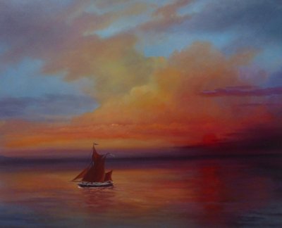 Red Sails - Thames Barge at fullt segel, 2022 (olja på duk) av Lee Campbell