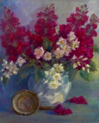 Aktier och apelsinblommor; 2020; (olja på duk) av Lee Campbell