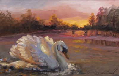 Swan at Sunrise, 2016, (olja på papper) av Lee Campbell