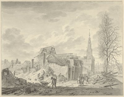 Utsikt över Rapenburg i Leiden efter krutkatastrofen den 12 januari 1807 av Leendert Overbeek