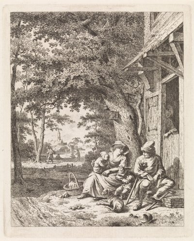 Familj med hund, sitter framför ett hus Landskap med figurer (serietitel) av Leendert Overbeek