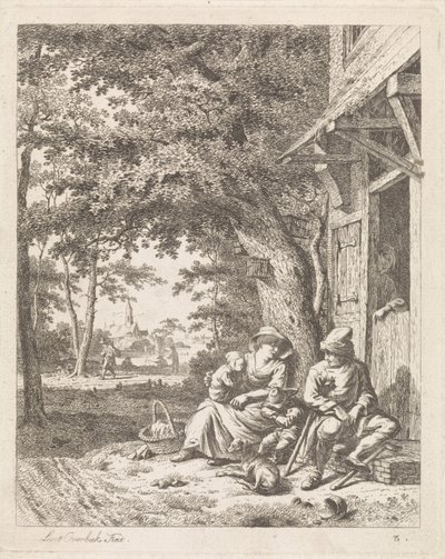 Familj med hund, sitter framför ett hus Landskap med figurer (serietitel) av Leendert Overbeek