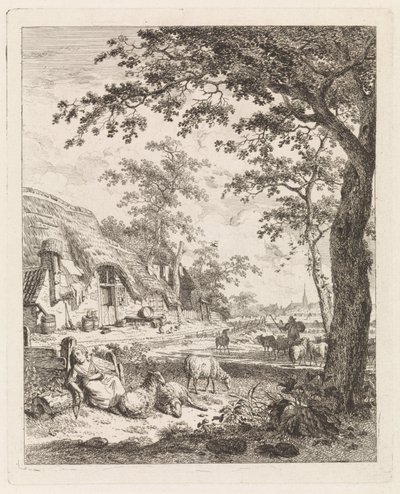 Herdinna med får framför en gård Landskap med figurer (serietitel) av Leendert Overbeek