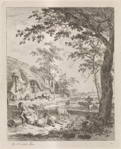 Herdinna med får framför en gård Landskap med figurer (serietitel) av Leendert Overbeek