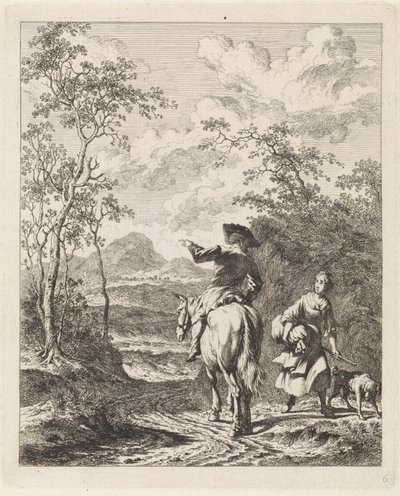 Ryttare ber om vägbeskrivning till en tjej med en hund Landskap med figurer (serietitel) av Leendert Overbeek