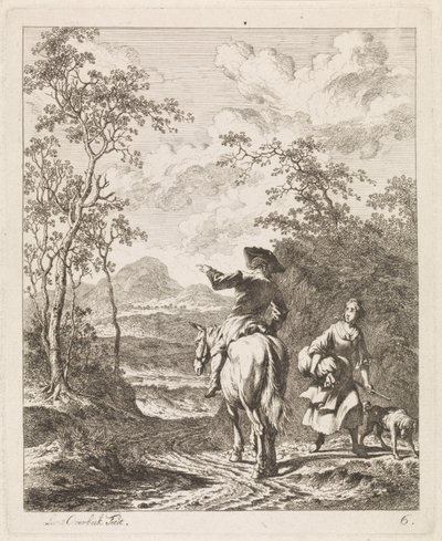 Ryttare ber om vägbeskrivning till en tjej med en hund Landskap med figurer (serietitel) av Leendert Overbeek