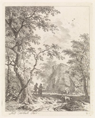 Två vandrare på en gård Landskap med figurer (serietitel) av Leendert Overbeek