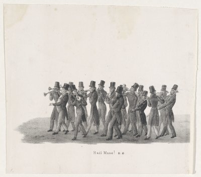 Musiker i processionen av Leiden-studenter, 1835 Hej Muse! (titel på objekt) De enskilda föreställningarna som de uppstigningar innehas av H.H. Elever vid Leidsche Hoogeschool den 9 februari 1835, stängd (serietitel på objekt) av Leendert Springer (I)