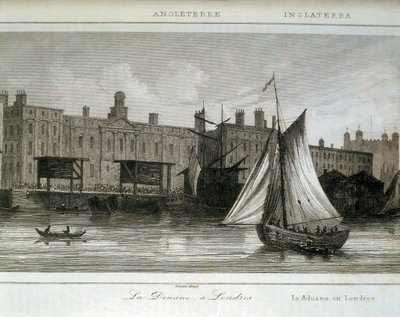 London Customs på Themsen, England (gravyr) av Lemaitre