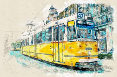 Stadsspårvagn i akvarell av Lembayung senja studio [Vintage Poster]