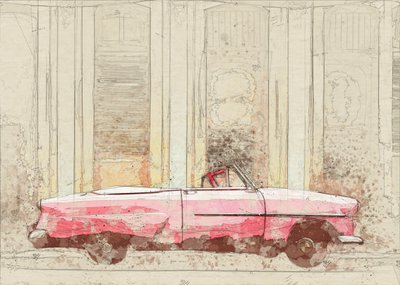 Skiss på en vintage-rosa cabriolet av Lembayung senja studio [Vintage Poster]
