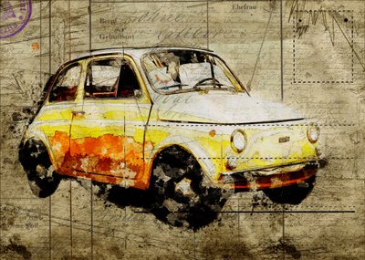 En gul Fiat 500 i retrostil av Lembayung senja studio [Vintage Poster]