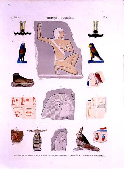 Illustrationer av målade reliefer på sten och träfragment Hypogees, Thebe-platta 47 från Vol II av `Descriptions of Egypt`, graverade av LeRoy av Lenoir (after)