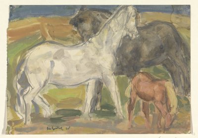 Två hästar och ett föl i ett landskap av Leo Gestel (signed by artist)