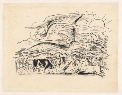 Två fåglar flyger över ett landskap med boskap av Leo Gestel (signed by artist)