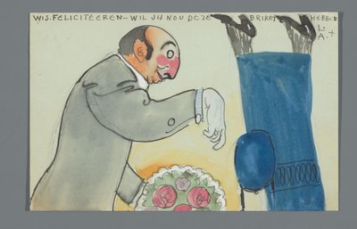 Postkarte mit einer Zeichnung des Unterkörpers von An Overtoom und Oberkörpers von Leo Gestel mit Blumenstrauß av Leo Gestel