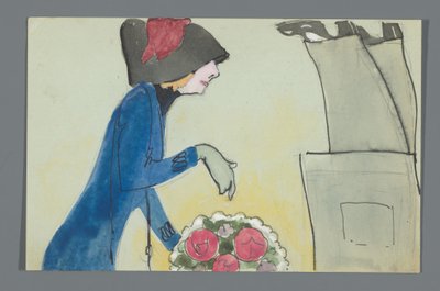 Postkarte mit einer Zeichnung des Unterkörpers von Leo Gestel und Oberkörpers von An Overtoom mit Blumenstrauß av Leo Gestel