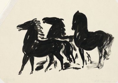 Tre svarta hästar står och tittar till vänster av Leo Gestel
