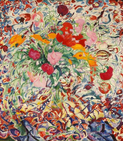 Blommor framför en blommig duk av Leo Gestel