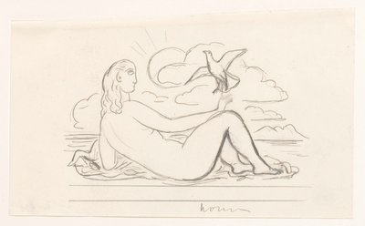 Liggande kvinnlig naken på stranden och en mås av Leo Gestel
