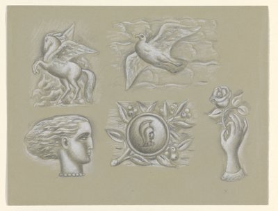 Pegasus, duva, kvinnas huvud, vapen och hand med ros av Leo Gestel
