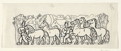 Två bönder leder sina hästar genom en by av Leo Gestel