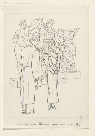 Kvinna och man framför tre statyer av Leo Gestel