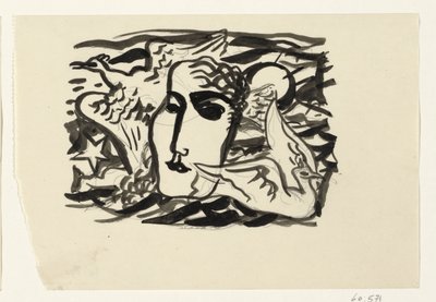 Kvinnans huvud och måsar med havet i bakgrunden av Leo Gestel