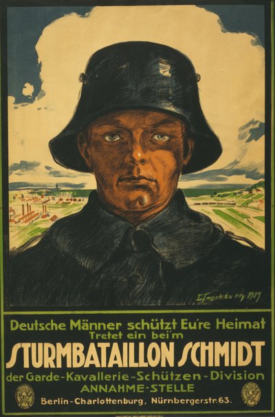 Överfallsbataljon Schmidt; Tyska män skakar ditt hemland! 1919 (färglitografi) av Leo Impekoven