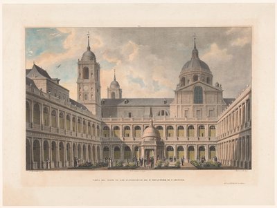 Zicht op de Courtyard of the Evangelists van het Monastery of San Lorenzo de El Escorial Utsikt över innergården för evangelisterna i R. Monastery of S. Lorenzo (titel på objektet) av Leon Auguste Asselineau