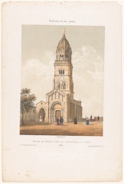 Zicht op de basilica Notre-Dame de Fourvière i Lyon Kyrkan Notre-Dame de Fourvières i Lyon (titel på objektet) Hedendaags Frankrijk (serietitel) Frankrike nuförtiden (serietitel på objekt) av Leon Auguste Asselineau