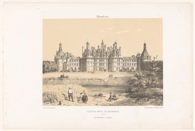 Utsikt över Château de Chambord på Loire Chambord. Château Royal de Chambord (titel på objekt) Contemporary France (serietitel) La France de nos jours (serietitel) av Leon Auguste Asselineau