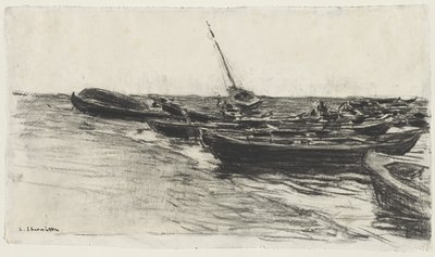 Fiskebåtar på stranden vid Étretat av Leon-Augustin Lhermitte