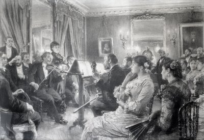 Kvartetten eller den musikaliska kvällen i huset av Amaury Duval, 1881 (kol på papper) av Leon Augustin Lhermitte