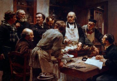 Dissektionskursen för läkaren Claude Bernard (1813-1878) (med förklädet) i närvaro av hans elever Paul Bert (1833-1886) och Arsonvals målning av Arsene (1851-1940) av Leon Augustin Lhermitte (1844-1925) 19. århundradet Paris, Vetenskapsakademin av Leon Augustin Lhermitte