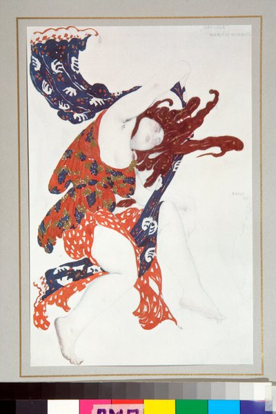 "Bacchante"-dräkt ritad till baletten Narcisse i regi av Nicolas Tcherepnine av Leon Bakst