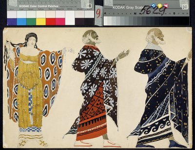 Människans kostymer för dramat ""Oedipus at Colone"" av Sophocles (497 eller 496-407 eller 406 f.Kr.) (Dräktdesign för drama Oedipus at Colonus av Sophocles). Teckning av Leon Blakst (1866-1924). Akvarell på papper, 28,2 x 44,6 cm av Leon Bakst