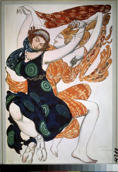 Två beotienner, kostym för baletten ""Narcisse"" av Nikolai Tcherepnin (Nicolas Tcherepnin) (1873-1945) (Två beotienner, kostymdesign för baletten Narcisse av N.Tcherepnin). Teckning av Leon Bakst (1866-1924). Akvarell, gouache, guld och silver på pa av Leon Bakst
